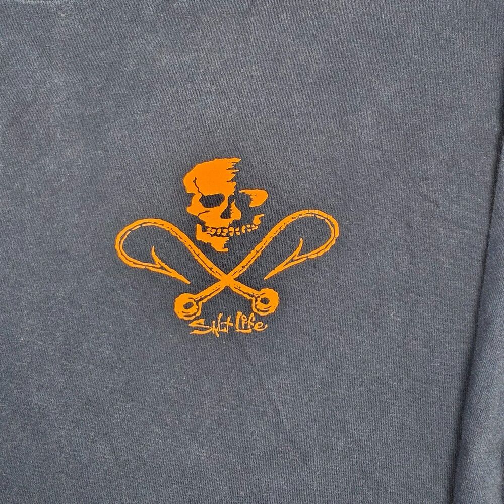 Salt Life Mens XL Dark Blue Orange Skull Fish Hooks Long Sleeve T-Shirt Graphic - Picture 5 of 6